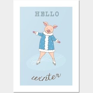 hello winter with cute piggy Posters and Art